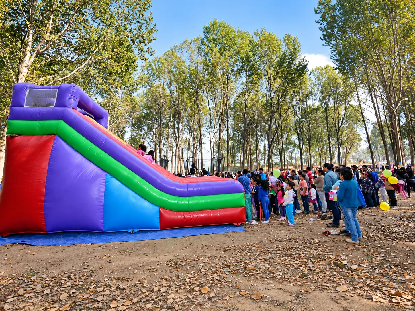 Tobogán inflable y familias asistentes a un evento al aire libre.